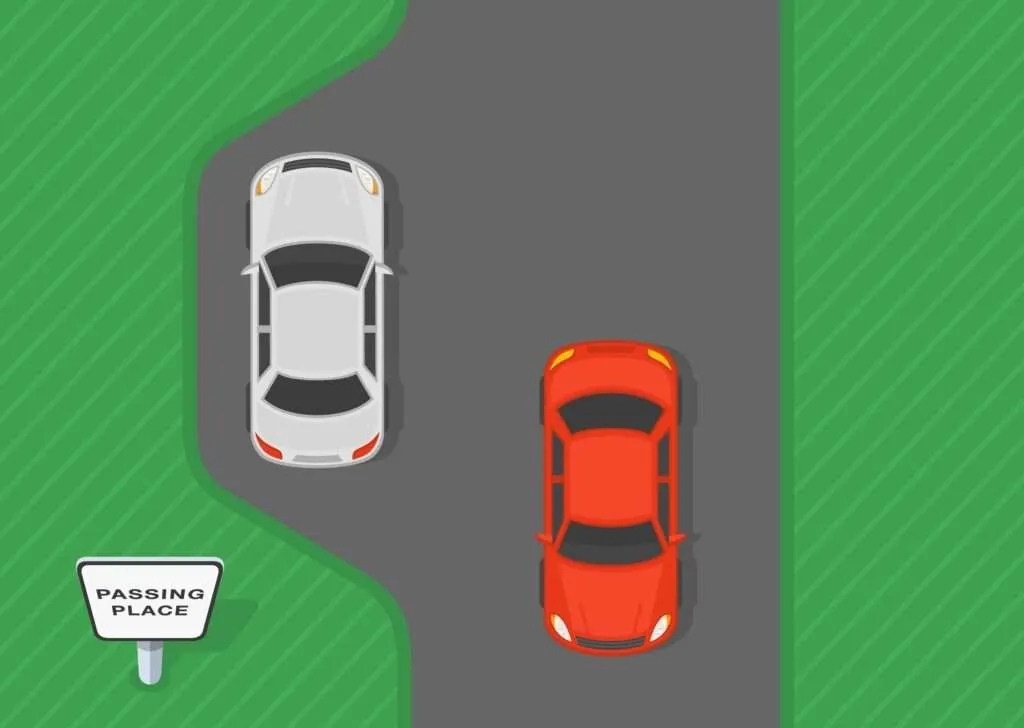 A passing place is a short section of road widened on one side, designed to let vehicles pass each other safely on narrow roads where two vehicles cannot travel side by side.
They are very common on single-track country roads in the UK, especially in rural Scotland, Wales, and parts of England where roads are too narrow for two cars.
Key points about passing places:
Marked by signs: They are often indicated with a white rectangular sign with the words “Passing Place”, or sometimes just a black-and-white post.
Purpose: To allow vehicles travelling in opposite directions to pass, or for faster vehicles to overtake slower ones.
Who uses it: The driver who is nearest to the passing place (or for whom it is easiest and safest) should pull in and allow the other vehicle to proceed.
Courtesy: If someone pulls into a passing place to let you by, it’s good manners to give a friendly wave of thanks.
Not for parking: Passing places must never be used as a lay-by or for stopping unnecessarily — they are strictly for keeping traffic flowing.
A simple way to remember it:
A passing place is a little “lay-by” on a single-track road, but instead of being for resting, it’s for sharing the road politely.